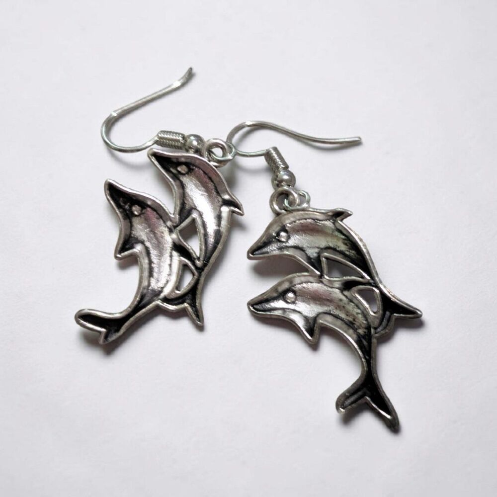 Silver Tone Dolphin Dangle Earrings, Ocean Theme Earrings, Beach Jewelry - Picture 5 of 5